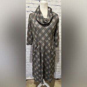 Robbie Bee Plaid Midi Fit/Flare 3/4-sleeve Cowl Neck Stretch Dress M